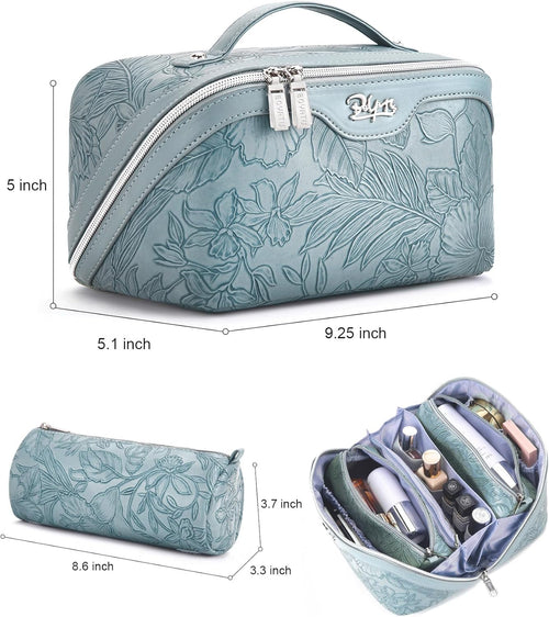 Travel Makeup Bags Cosmetic Organizer Bag: 3 Pcs Set Large Capacity Floral Make up Bag with Compartments - Waterproof Leather Toiletry Bags with Handle for Women (01-Light Blue)