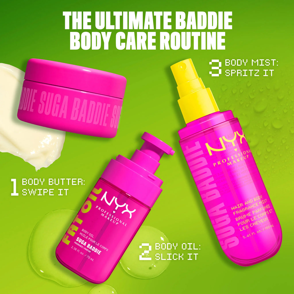 [NEW] Suga Baddie Ultimate Body Care Set, Shimmer Body Oil + Whipped Body Butter + Hair & Body Mist, 24H Hydration— NYX Professional Makeup