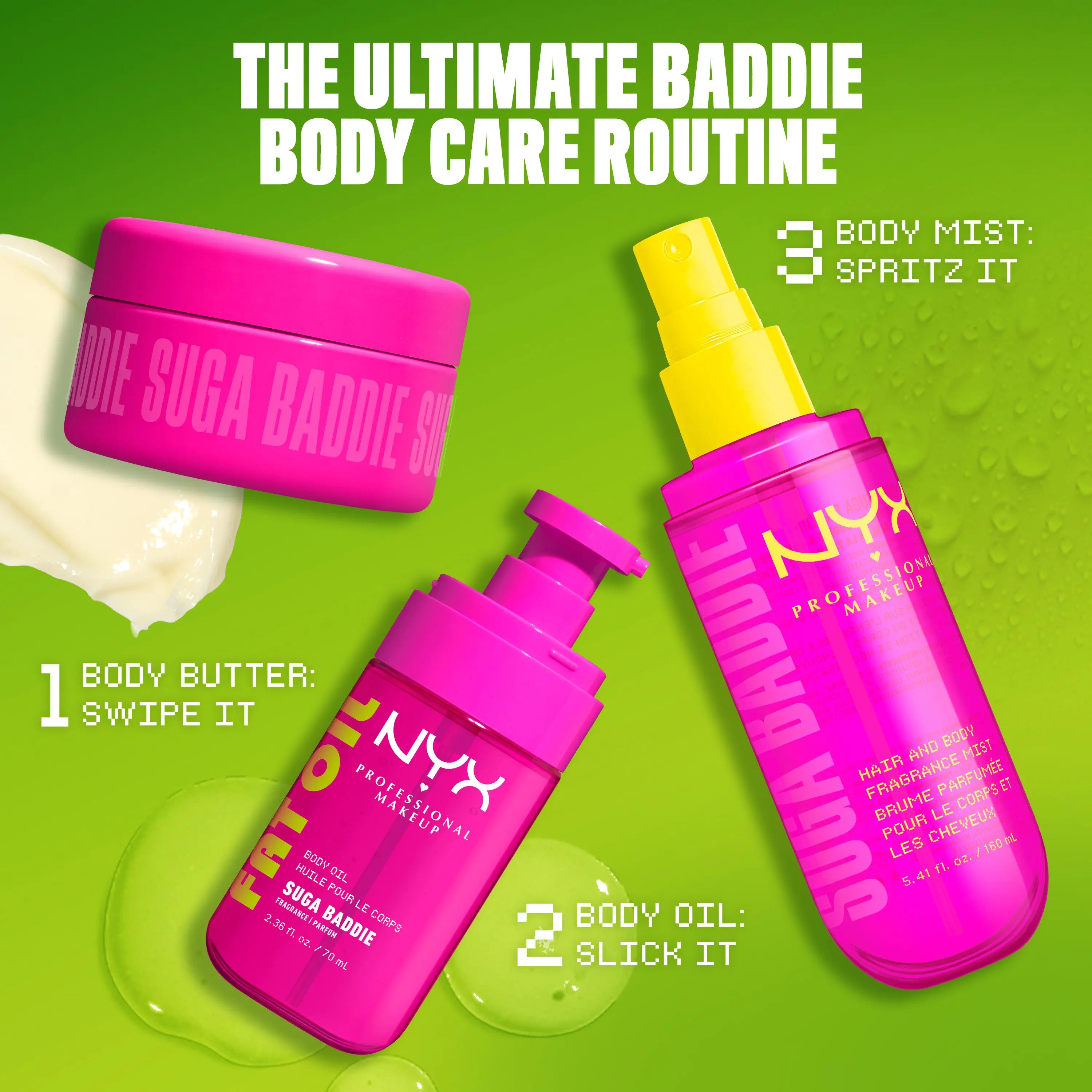 [NEW] Suga Baddie Ultimate Body Care Set, Shimmer Body Oil + Whipped Body Butter + Hair & Body Mist, 24H Hydration— NYX Professional Makeup